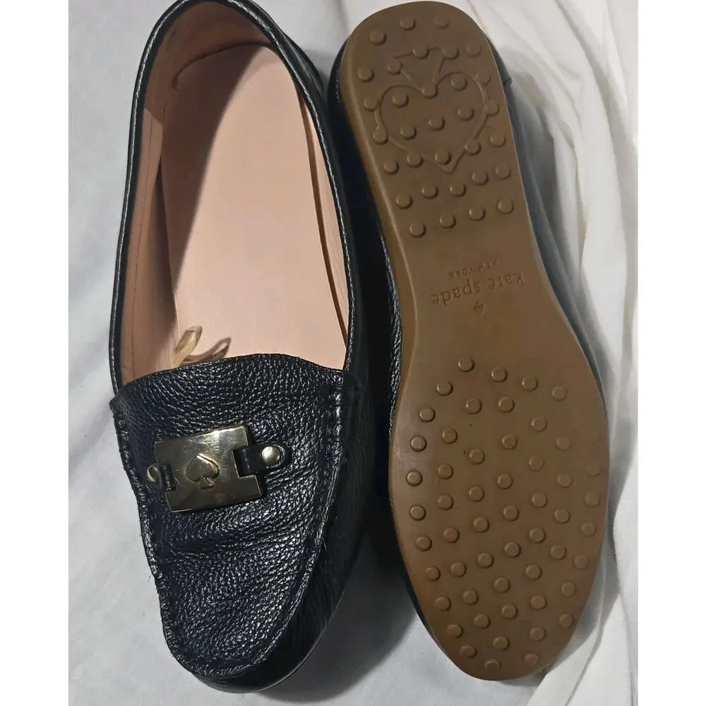 Kate Spade‎ NY Leather Loafers Womens 6B Black Gold Logo Hardware Slip On Ballet